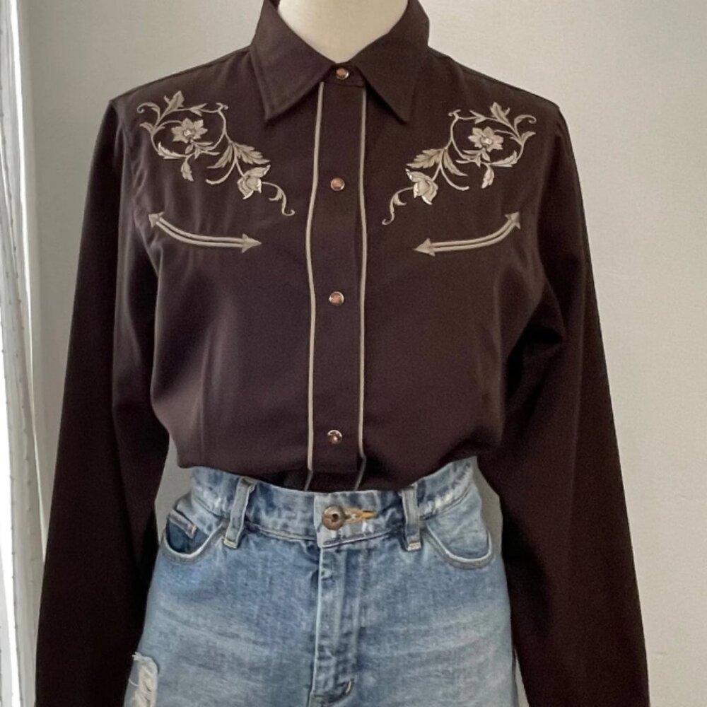VINTAGE 1980s Roper Dark Brown Taupe Embroidery Amber Pearl Snaps Size M - Picture 2 of 7